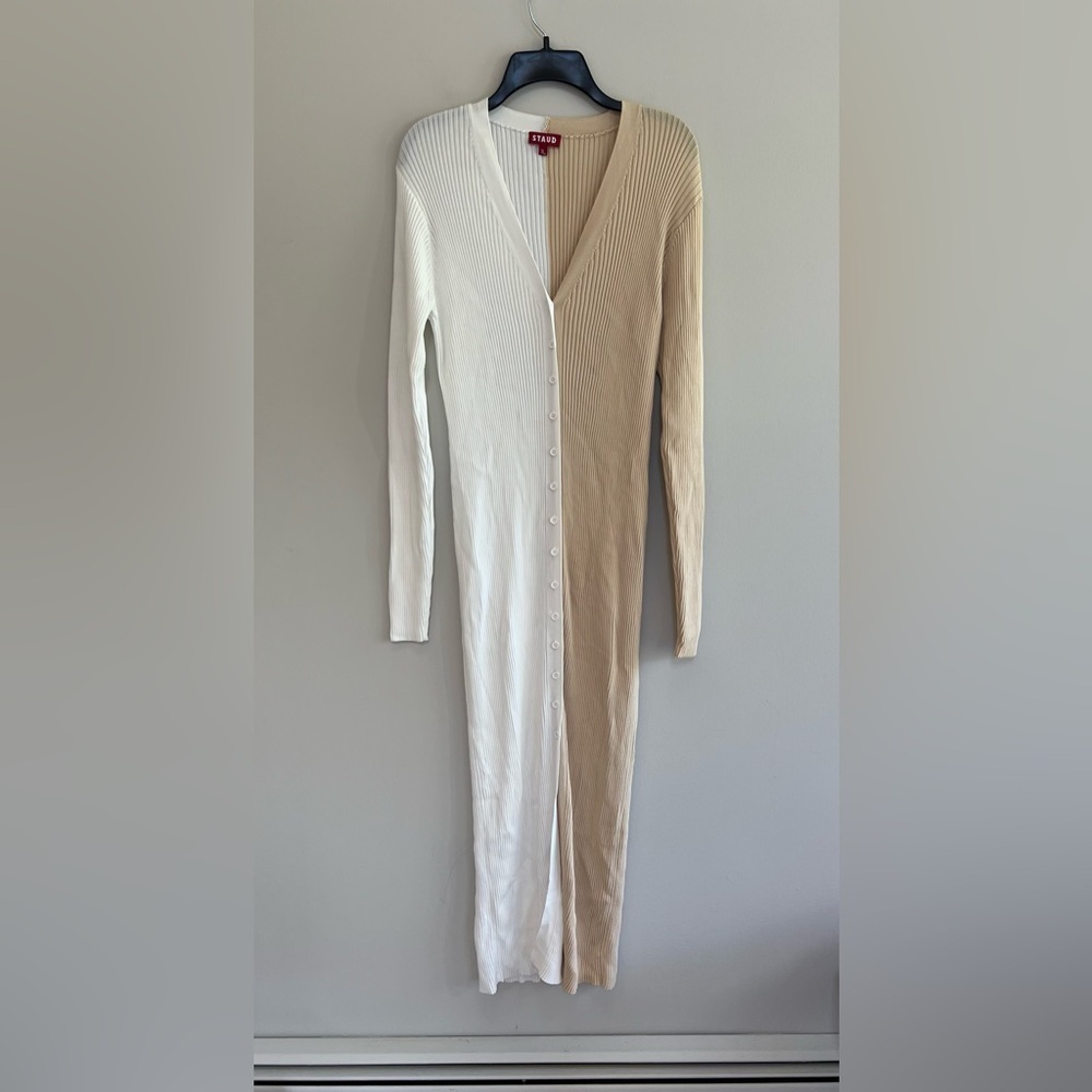 STAUD Shoko Colorblock Ribbed Button Front Sweater Dress, White/Beige, XL - Picture 2 of 7